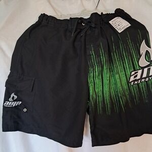 Amp Energy Board Shorts Black Green Graphic Drawstring Swim Trunks Size 34
